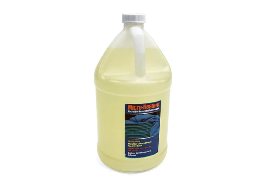 One gallon bottle of Micro-Restore original microfiber laundry detergent with yellow liquid and white cap