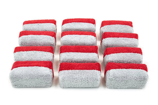 Set of 12 mini microfiber coating applicator sponges with red edges and plastic barrier for precise product application