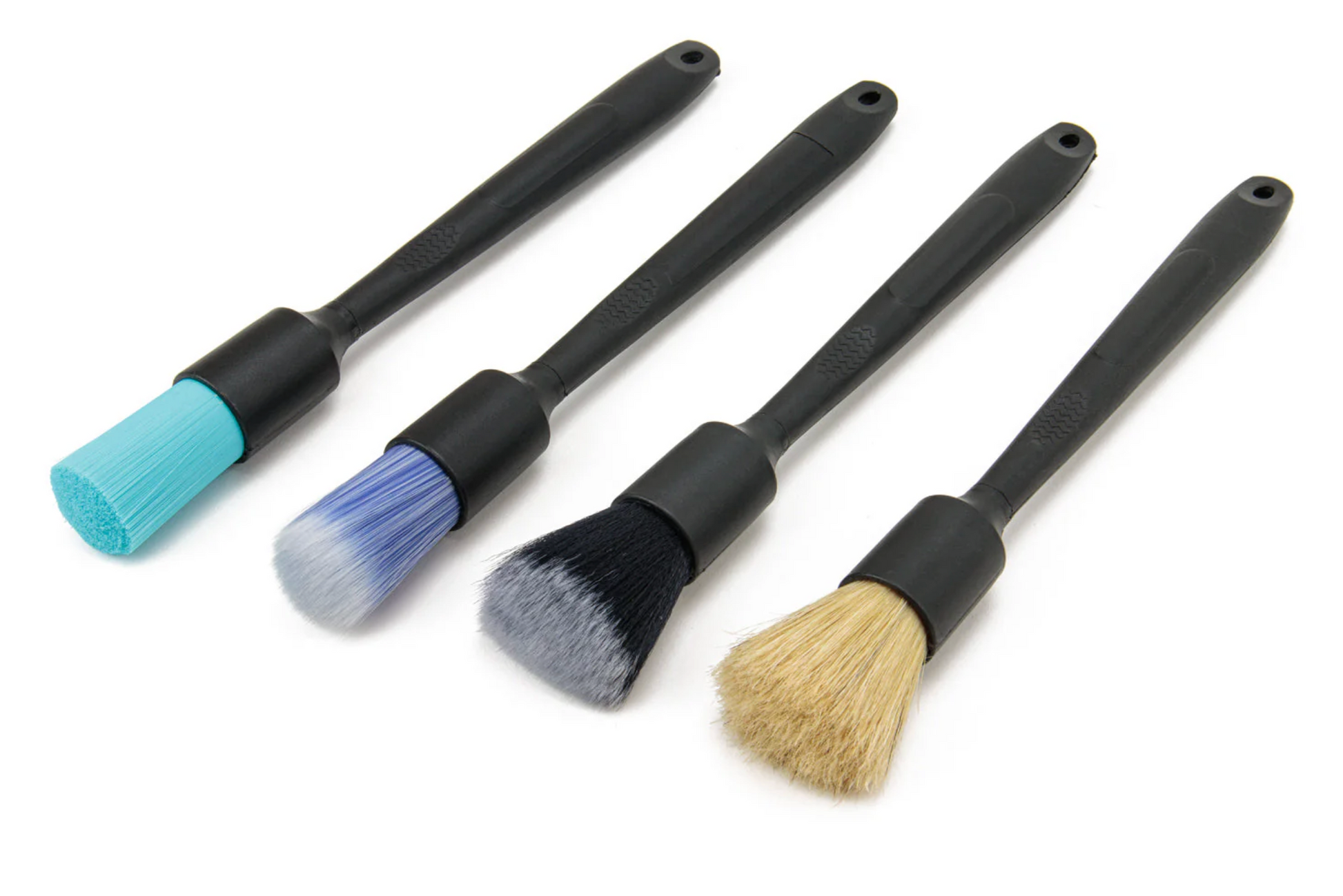 Set of four detail brushes with black handles and varied bristle colors for precise cleaning and delicate surfaces.