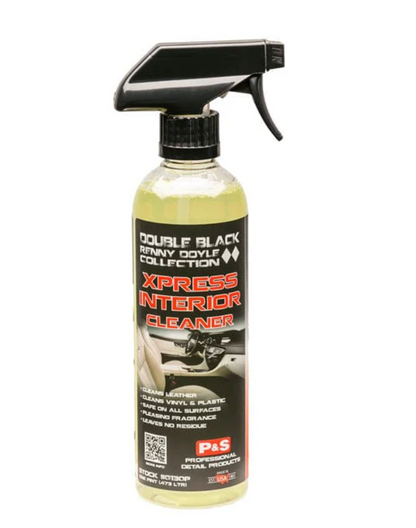 Spray bottle of P&S Xpress Interior Cleaner for automotive leather, vinyl, and plastic surface cleaning with no residue.