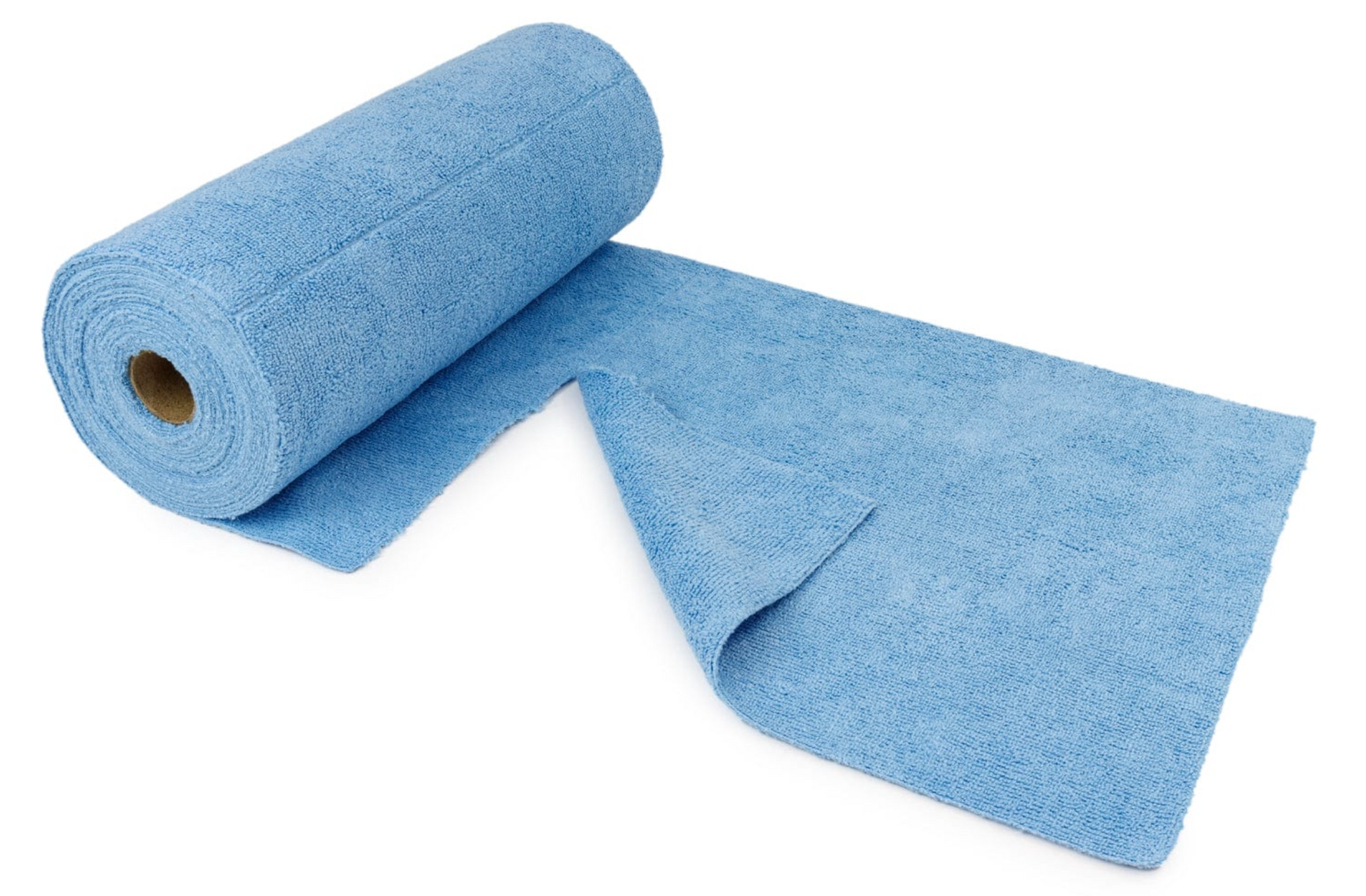 Blue microfiber towel roll partially unrolled, designed for efficient cleaning and detailing, 12x12 inch sheets on a roll