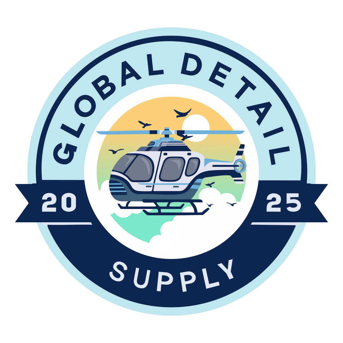 Circular logo with a helicopter flying above clouds and birds, surrounded by text "Global Detail Supply 2025